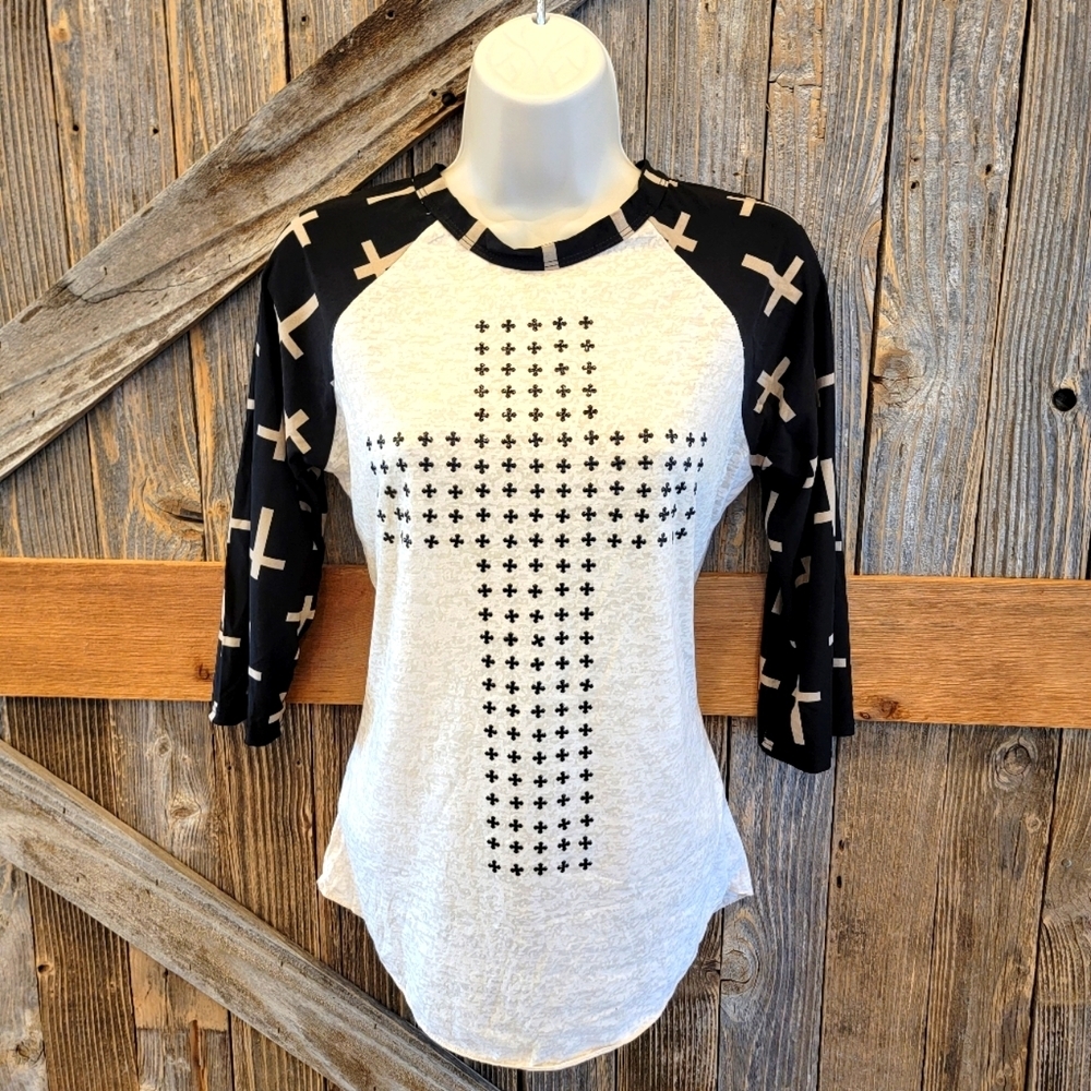 Lucky And Blessed Cross Shirt embelished semi sheer burn out. Small S beige ".